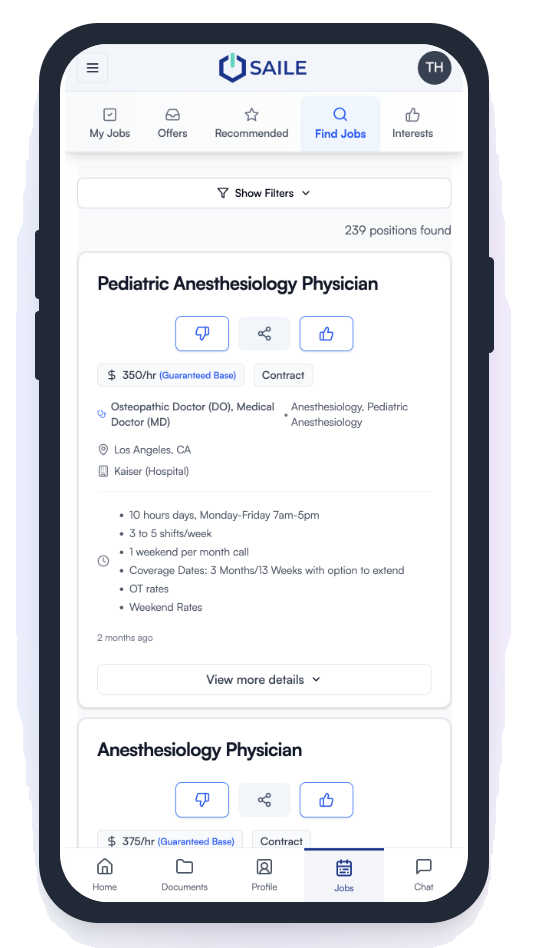 Saile app showing Pediatric Anesthesiology Physician job at $350/hr in Los Angeles