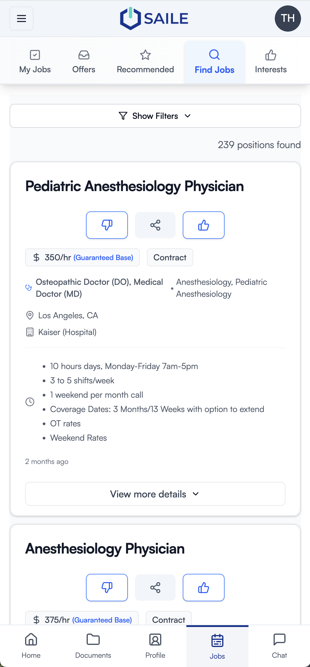 Saile mobile app for healthcare providers showing job search and credential management